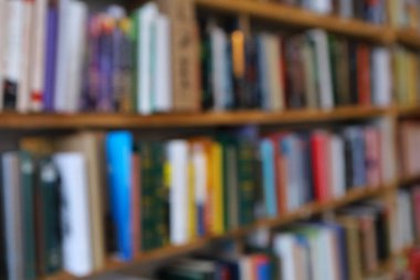 Görüntü, kitaplarla dolu geniş bir raf duvarını gösteriyor, ancak tüm sahne bilerek odak dışı kalmış, yumuşak ve bulanık bir etki yaratıyor. Raflar açık renkli ahşaptan yapılmış gibi görünüyor.,