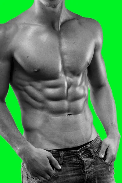 Imagen en blanco y negro. Torso desnudo de modelo masculino, mostrando seis abdominales paquete, aislado en pantalla verde cromo clave de fondo. —  Fotos de Stock