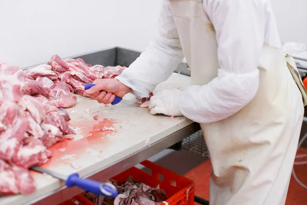 Καλλιεργημένη εικόνα ενός εργάτη σε εργοστάσιο κρέατος, τεμαχισμένο ένα φρέσκο βόειο κρέας σε κομμάτια στο τραπέζι εργασίας, βιομηχανία μεταποίησης. — Φωτογραφία Αρχείου