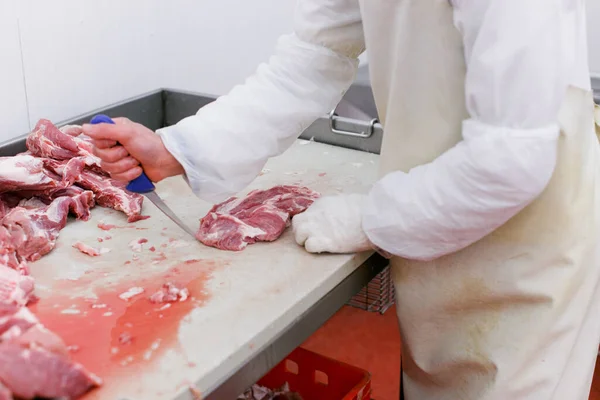 Άποψη ενός εργαζομένου στο εργοστάσιο κρέατος, τεμαχισμένο ένα νωπό κρέας βοείου κρέατος σε κομμάτια στο τραπέζι εργασίας μετάλλων, βιομηχανία επεξεργασίας τροφίμων. — Φωτογραφία Αρχείου