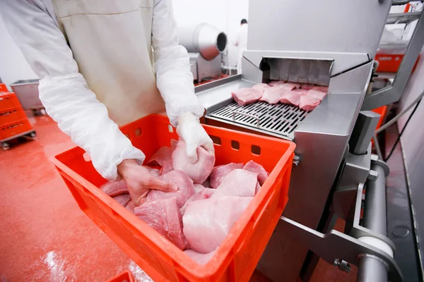 Un trabajador en posesión de cortes crudos de carne picada, introducidos en un lavado introductorio en el proceso de producción de carne. — Foto de Stock