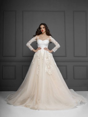 Harika bir gelin, uzun saçlı, zarif makyajlı, stüdyoda poz veren, geniş, gri arka planda soyutlanmış.