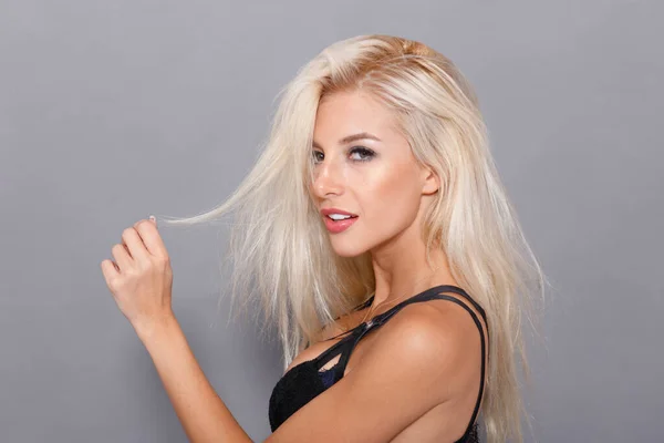 Beauty Profile Portrait Hot Blonde Girl Black Bra Grey Background — 스톡 사진