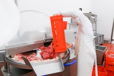 Frame view of a worker at the meat processing factory, adds spices to minced meat in a processing machine.