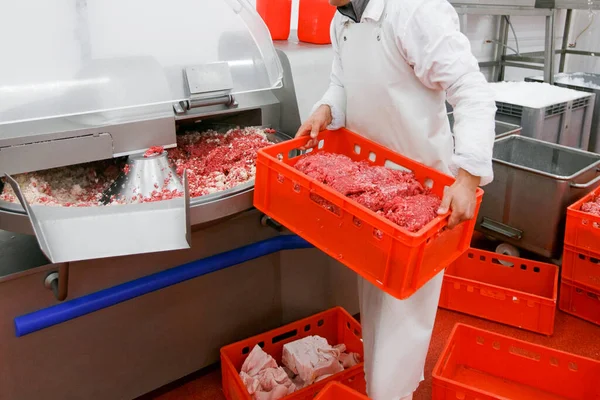 Bild Eines Arbeiters Der Fleischverarbeitungsfabrik Der Hackfleisch Einer Verarbeitungsmaschine Mit — Stockfoto