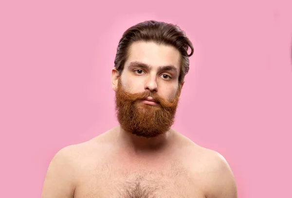 Young Handsome Strong Man Beard Shirtless Standing Isolated Pink Background — Stock Photo, Image