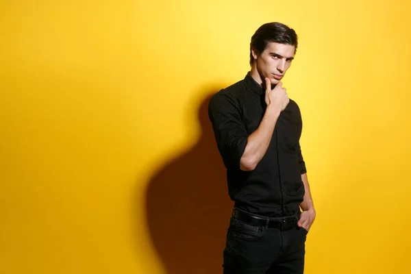 Sexy Male Models Isolated Yellow Background Posing Studio Touch His — 图库照片