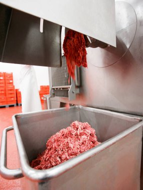 Çiğ et endüstriyel bir süreçte kıyma, bir et fabrikasında paslanmaz çelik bir sandıkta depolandı..