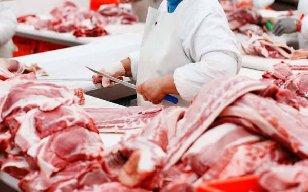 Vista Horizontal Grupo Trabajadores Fábrica Carne Picó Una Carne Fresca — Foto de Stock