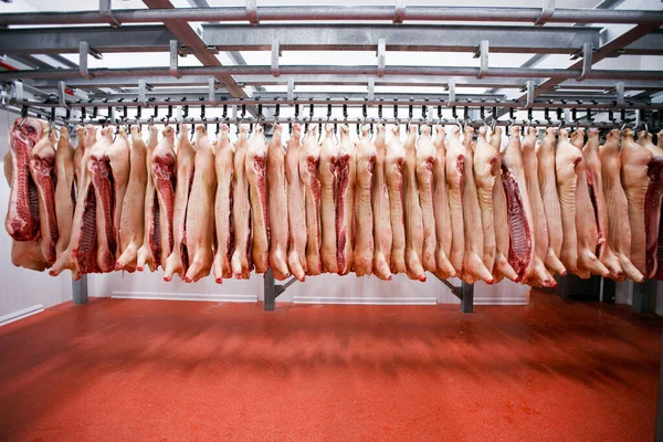 Cerrar Una Gran Cantidad Carne Cerdo Fresca Picada Colgando Organizar — Foto de Stock