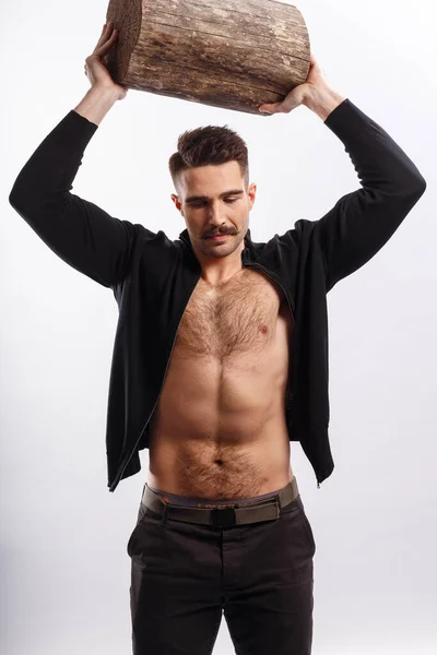 Schöner Athletischer Sexy Mann Mit Schnurrbart Mit Nacktem Oberkörper Auf — Stockfoto