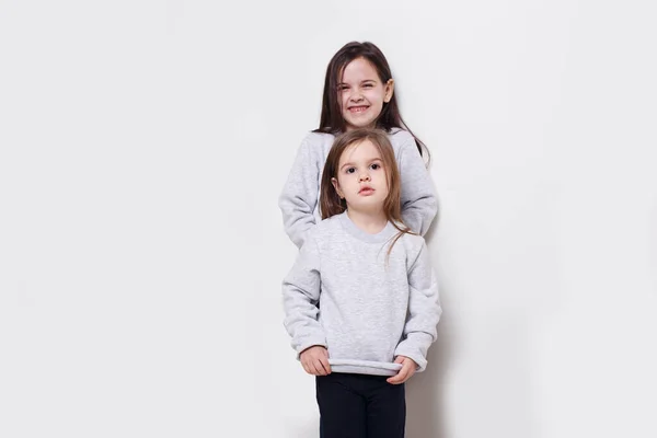Twee schattige Littel meisje in trui en jeans, samen poseren op een witte achtergrond, glimlachen. Poseren in de studio. — Stockfoto