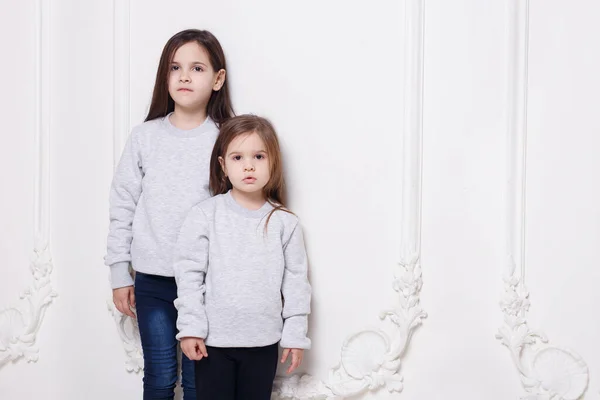 Twee schattig klein meisje in trui en jeans, samen poserend op een witte achtergrond. Ruimtekopie. — Stockfoto