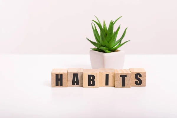 Hábitos Firma con la palabra hábitos en un escritorio de madera en una habitación luminosa. —  Fotos de Stock