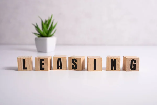 Money bag and blocks with the word Leasing. A lease is a contractual arrangement calling for the lessee to pay the lessor for use of an asset. — Stock Photo, Image