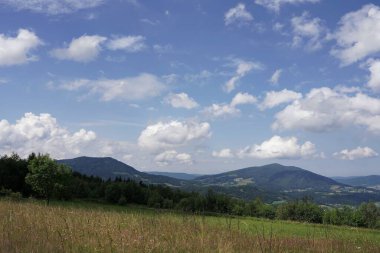 Temmuz 'da Beskids' ta, ormandaki bir dağ çayırından manzara, tepeler ve vadiler, manzara