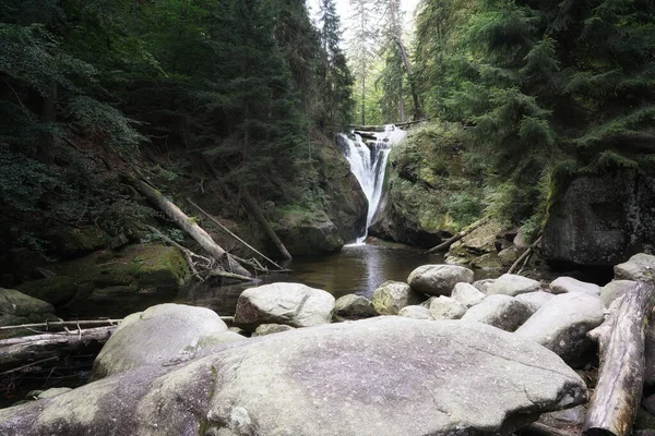 Eylül 'de Dev Dağlar' da, dağ nehrinde şelale Ladin Ormanı 'nda, dere kıyısında kayalar, sonbahar manzarası