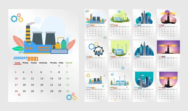 Industrial Themes Calendar 2021 Vector Illustration Geeignet Für Grußkarte Poster — Stockvektor