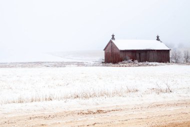 Wisconsin, ağaçların ve karla kaplı tarlaların yanında, yatay olarak yıpranmış bir ahır.