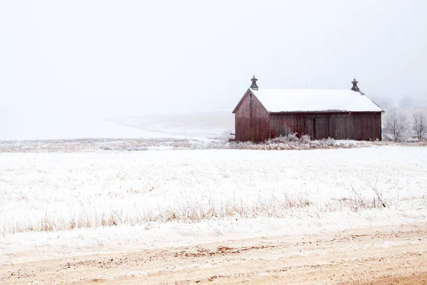 Выветренный Амбар Висконсине Рядом Деревьями Полем Покрытым Снегом Морозом Горизонтальный — стоковое фото