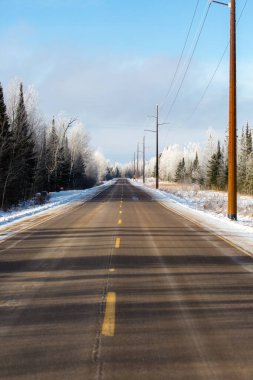 Highway E running through a frost covered forest in northern Wisconsin in January, vertical