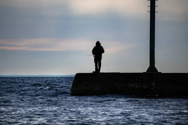 Silhouette Man Fishing Pier Lake Michigan Horizontal — Stock Photo, Image