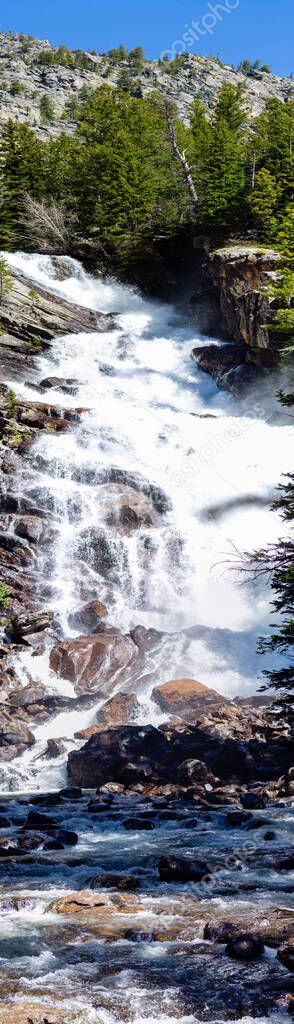 Hidden Falls on Cascade Creek, Grand Teton National Park, Jackson Hole, Wyoming at the end of May, panorama