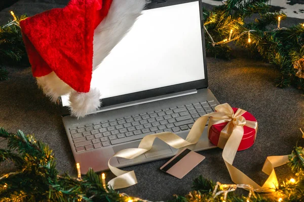 Compras Natal Line Com Cartão Crédito Para Férias Laptop Com — Fotografia de Stock