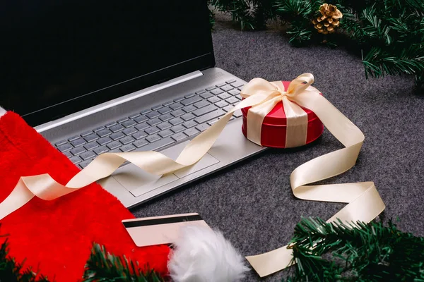 Compras Natal Line Com Cartão Crédito Para Férias Laptop Com — Fotografia de Stock