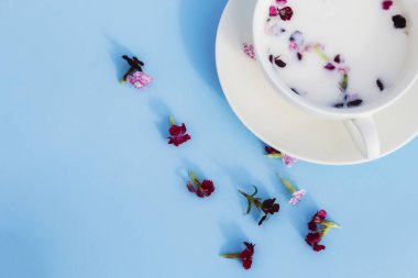 Mavi arka planda vejetaryen sütü ve çiçekli beyaz kupa. Vejetaryen içecek ve yiyecek kavramı, bitki çayı, güzellik ve sağlık, spa.