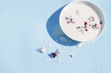 Mavi arka planda bir fincan tabağında çiçekli süt.