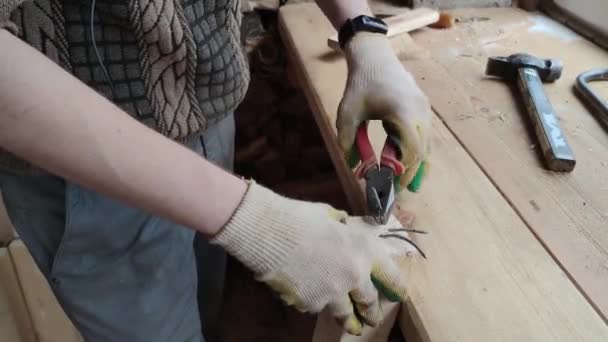 Homem Usando Luvas Segura Prego Com Alicate Com Uma Mão — Vídeo de Stock