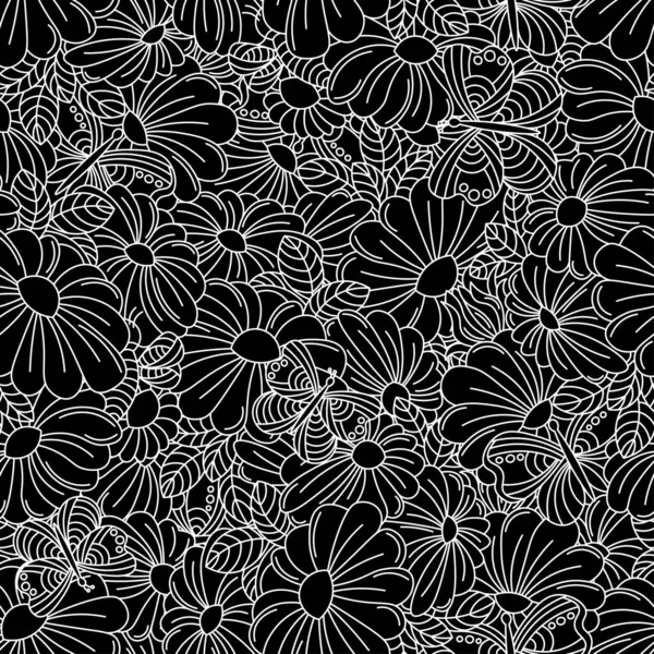 Weiße Umrisse Blumen Nahtlose Muster — Stockvektor