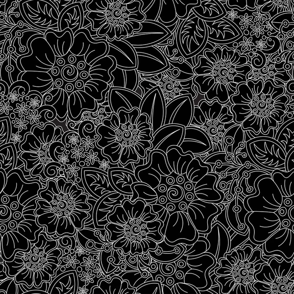 黒い単色の花のシームレスなパターン — ストックベクタ