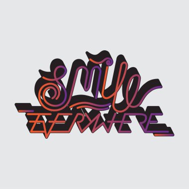 Her yerde el yazısıyla yazılmış, gradyanı ve gölgesi olan harflerle gülümse. Çıkartmalara, posterlere, tişörtlere yazı yazmak için izole edilmiş parlak çizimler