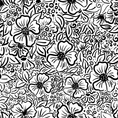 Şekillendirilmiş çiçekler, taç yaprakları ve bukleleri olan siyah ve beyaz desenli.