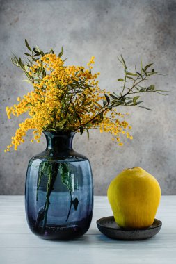 Vazoda hala bir buket mimoza var. Tatil kavramı. 