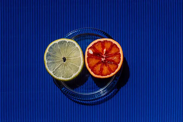 Renkli arka planda turuncu, portakal ve portakal dilimleri. Metnin altında bir yer var.