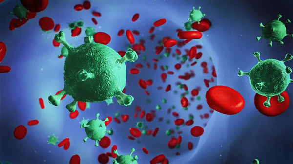 Coronavirus disease COVID-19 infection in human blood. Medical animation. 3D render