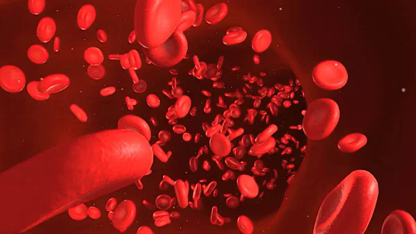 Glóbulos rojos dentro de una arteria, vena. Flujo de sangre dentro de un organismo vivo. 3d renderizar — Foto de Stock