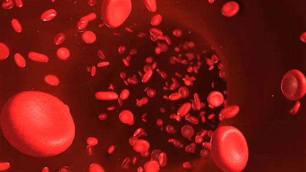 Glóbulos rojos dentro de una arteria, vena. Flujo de sangre dentro de un organismo vivo. 3D renderizado con DOF — Foto de Stock
