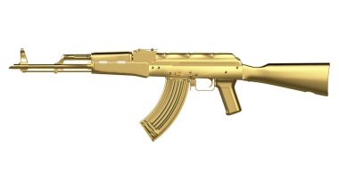 Altın AK-47 saldırı tüfeği beyaz arka planda izole edildi. Klasik Sovyet AK makineli tüfeği. Altın silah.