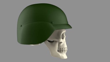 Gri arka planda askeri miğferli kafatası profili var. 3d biçimlendirme kafatası 