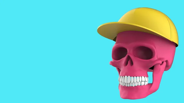 头戴一顶蓝色背景的帽子的骷髅 3D渲染粉红的头骨 流行艺术风格 — 图库照片