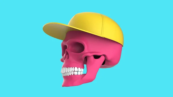 头戴一顶蓝色背景的帽子的骷髅 3D渲染粉红头骨 — 图库照片