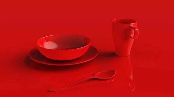 Трехмерный Набор Красной Посуды Красном Фоне Современный Стиль Минимализма — стоковое фото