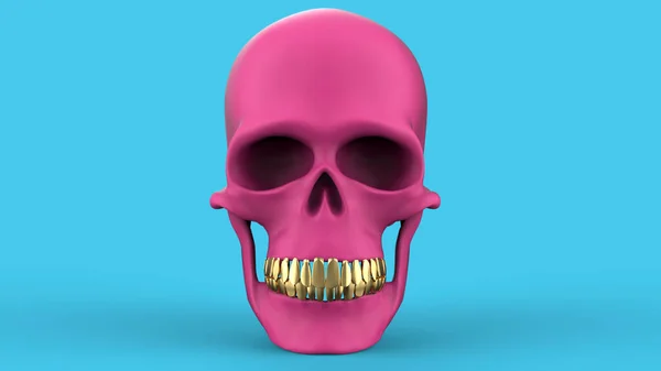 金色の歯を持つフルフェイスピンクの頭蓋骨 青の背景にピンクの頭蓋骨を3Dレンダリング ポップアートスタイル — ストック写真