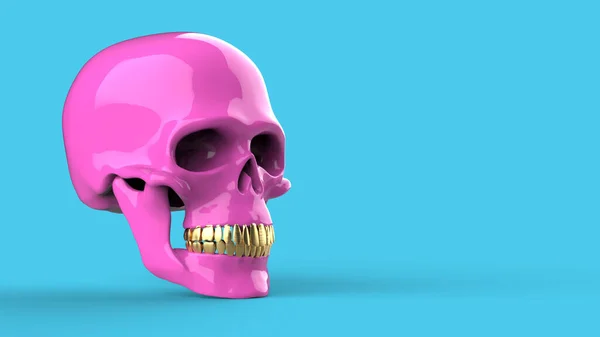 金の歯を持つピンクの頭蓋骨 青の背景にピンクの頭蓋骨を3Dレンダリング ポップアートスタイル — ストック写真