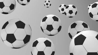 Gri arka planda futbol topları. Üç boyutlu futbol topu. Pop sanat tarzı