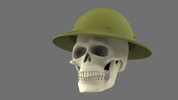 头戴军用英国头盔的骷髅 灰色背景 3D渲染士兵骷髅 — 图库照片